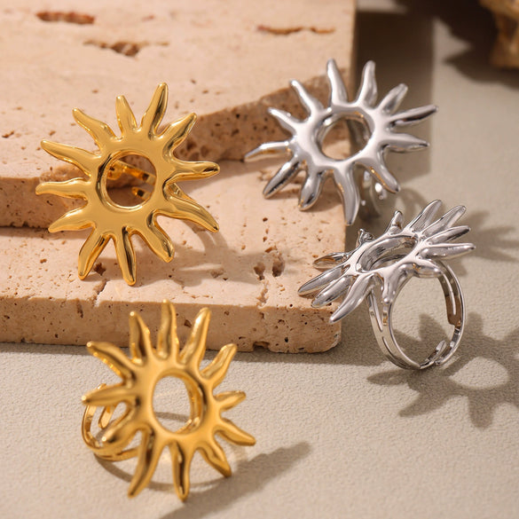 Wholesale Women's Stainless Steel Geometric Patterned Electroplated Ring With Sunflower Opening Style