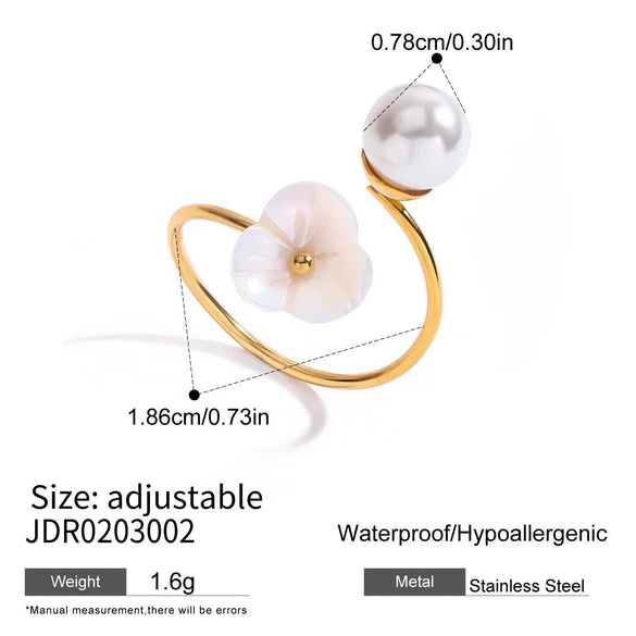 Wholesale Women's Stainless Steel Geometric Pearl Flower Adjustable Open Ring Jewelry With Electroplating