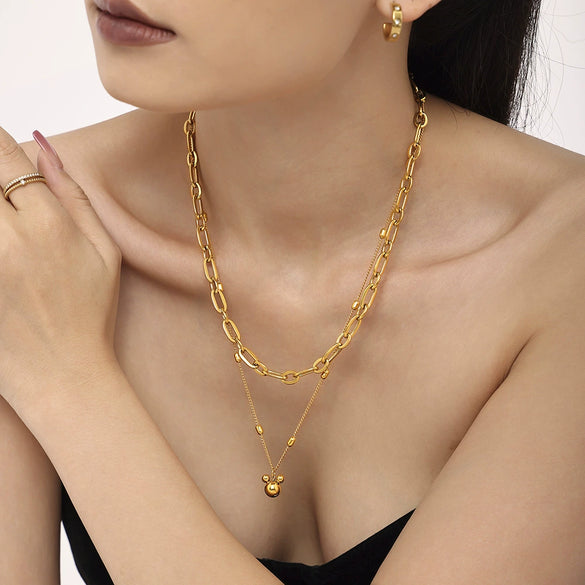 Wholesale Women's 316L Stainless Steel Geometric Pendant Double Necklace 18K Gold Plated Jewelry