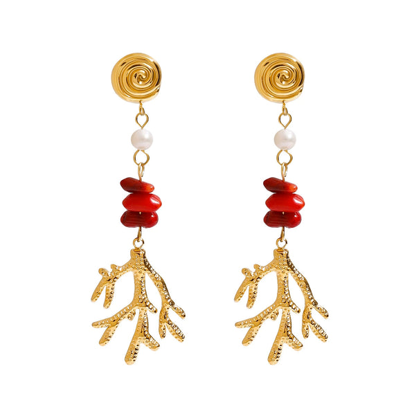 Wholesale Women's Stainless Steel Geometric Red Stone Freshwater Pearl Pendant Earrings With Electroplating And Quiet Minimalist Design
