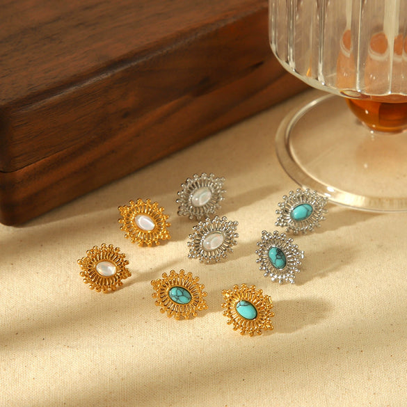 Wholesale Women's Stainless Steel Geometric Retro Highgrade Blue Turquoise Earrings With Electroplating