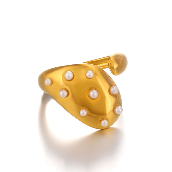 Wholesale Women's Stainless Steel Geometric Ring With Pearl Inlaid And Electroplating Treatment