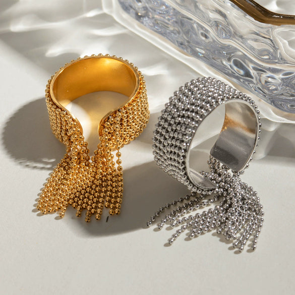 Wholesale Women's Stainless Steel Geometric Round Bead Tassel Open Ring Jewelry With Electroplating Light Luxury Fashion