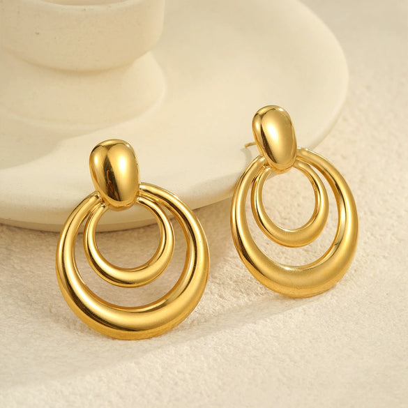 Wholesale Women's Stainless Steel Geometric Round Doublelayer Cut Out Electroplated Earrings