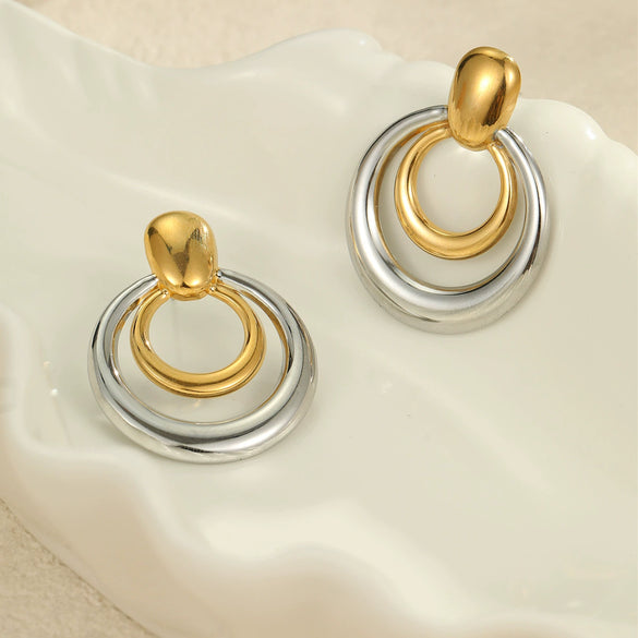 Wholesale Women's Stainless Steel Geometric Round Doublelayer Cut Out Electroplated Earrings