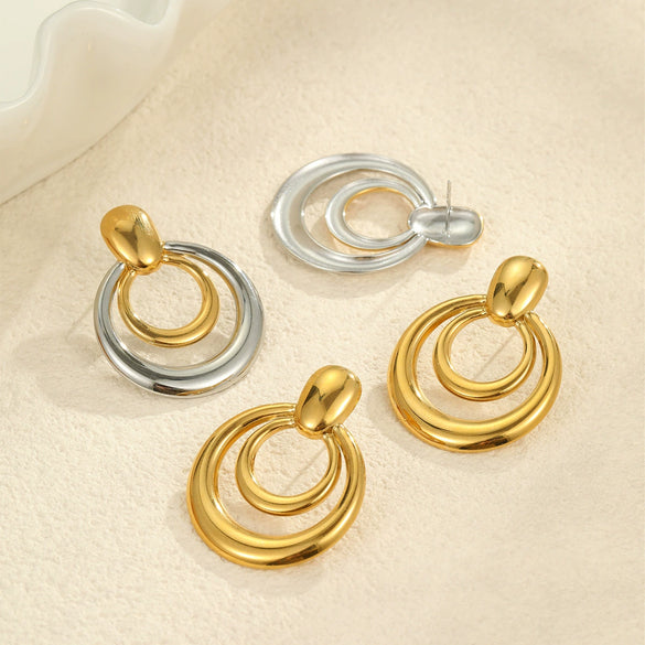 Wholesale Women's Stainless Steel Geometric Round Doublelayer Cut Out Electroplated Earrings
