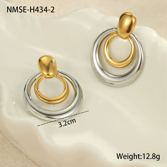 Wholesale Women's Stainless Steel Geometric Round Doublelayer Cut Out Electroplated Earrings