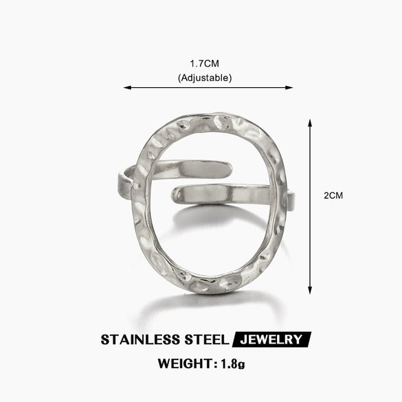 Wholesale Women's Stainless Steel Geometric Round Hollow Opening Hammered Finger Ring With Electroplating And Retro Temperament
