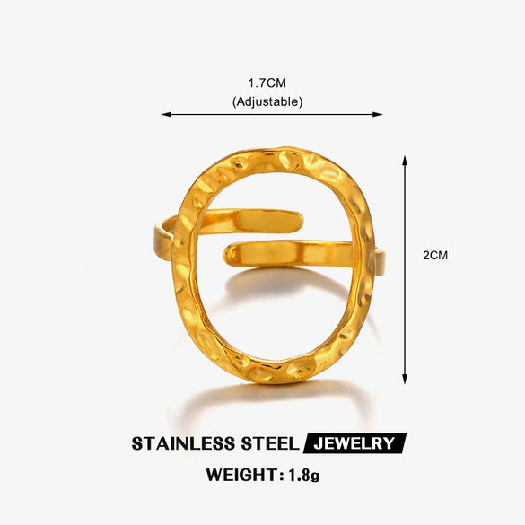 Wholesale Women's Stainless Steel Geometric Round Hollow Opening Hammered Finger Ring With Electroplating And Retro Temperament