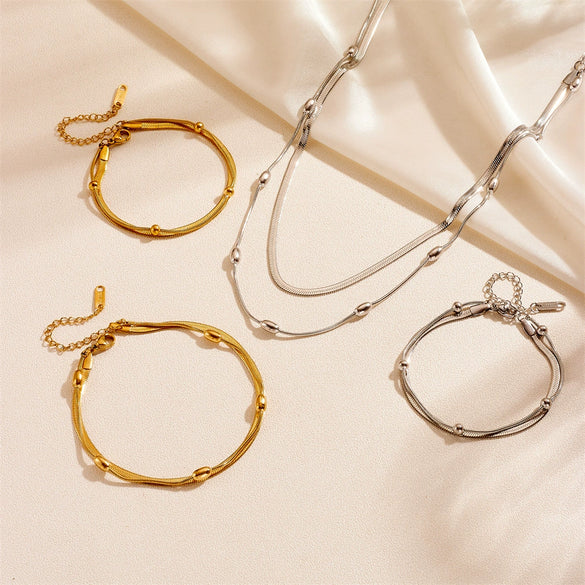 Wholesale Women's Stainless Steel Geometric Simple Doublelayer Colorpreserving Nonfading Ball Bead Anklet