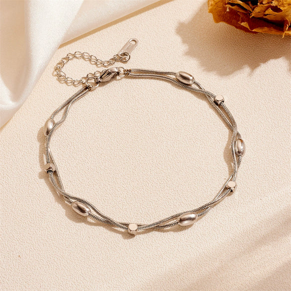 Wholesale Women's Stainless Steel Geometric Simple Doublelayer Colorpreserving Nonfading Ball Bead Anklet