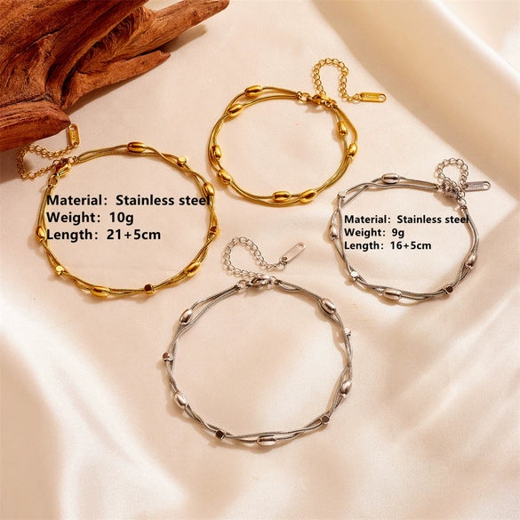 Wholesale Women's Stainless Steel Geometric Simple Doublelayer Colorpreserving Nonfading Ball Bead Anklet