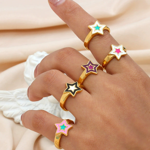 Wholesale Women's Stainless Steel Geometric Simple Style Ring With Bohemian Star And Colorful Oil Dripping Design