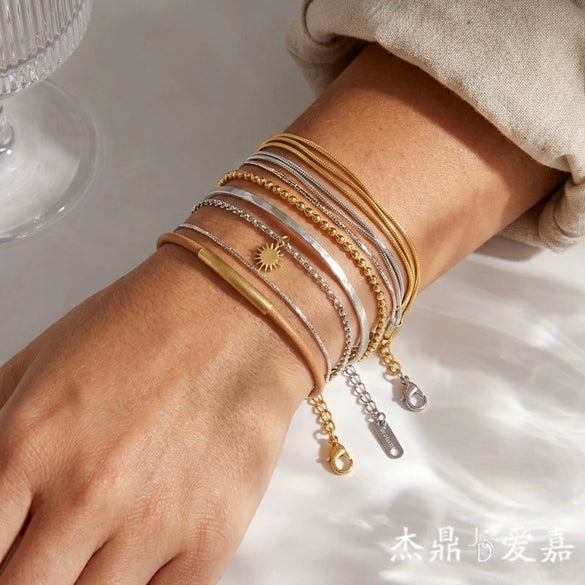 Wholesale Women's Stainless Steel Geometric Snake Bone Chain 3Layer Stacked Electroplated Bracelet Hand Jewelry