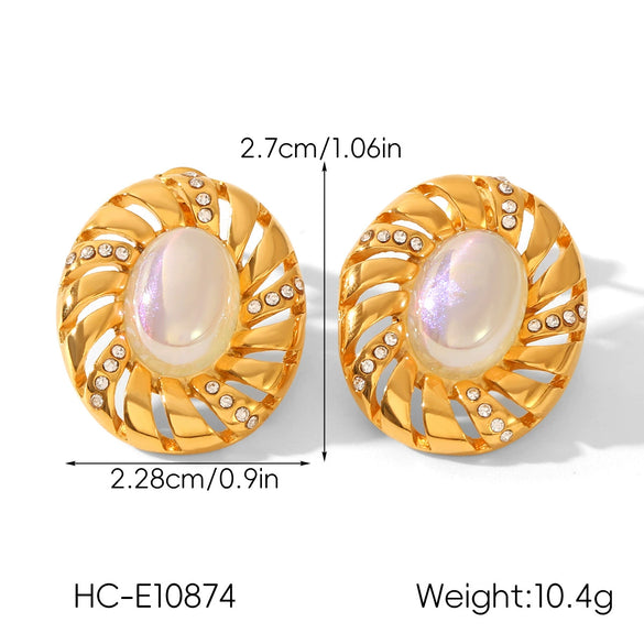 Wholesale Women's Stainless Steel Geometric Spiral Texture Electroplated Earrings Inlaid With Rhinestones And Mermaid Pearl