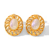 Wholesale Women's Stainless Steel Geometric Spiral Texture Electroplated Earrings Inlaid With Rhinestones And Mermaid Pearl