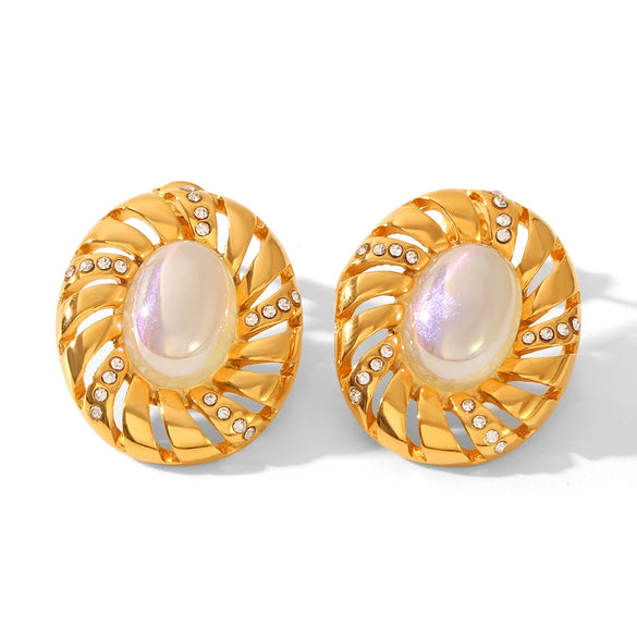 Wholesale Women's Stainless Steel Geometric Spiral Texture Electroplated Earrings Inlaid With Rhinestones And Mermaid Pearl