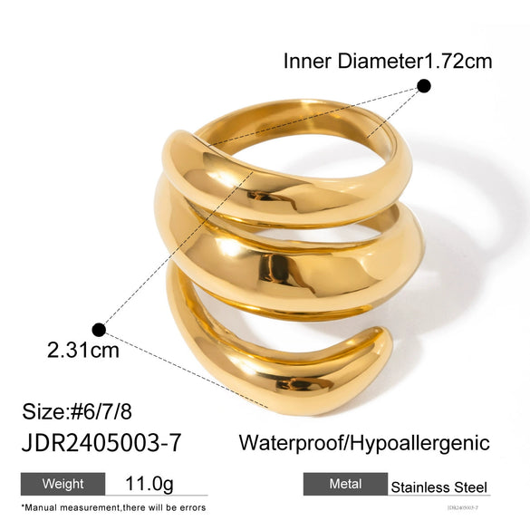 Wholesale Women's Stainless Steel Geometric Springshaped Threelayer Ring With 18K Gold Electroplating