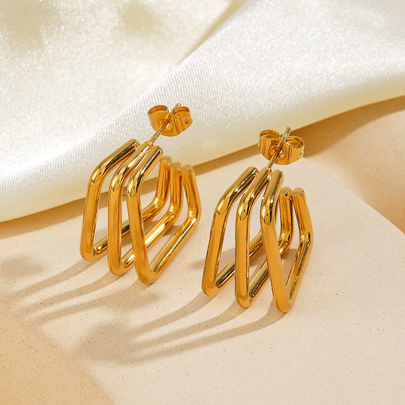 Wholesale Women's Stainless Steel Geometric Square Three Layer Gold Plated Electroplated Earrings