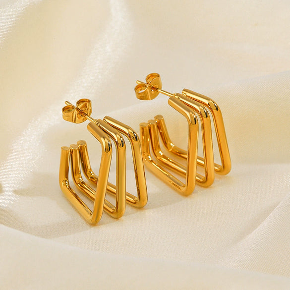 Wholesale Women's Stainless Steel Geometric Square Three Layer Gold Plated Electroplated Earrings