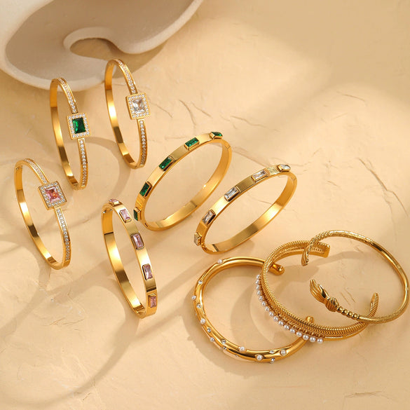 Wholesale Women's Stainless Steel Geometric Square Zircon Emerald Bracelet With Electroplating