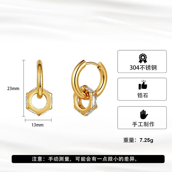 Wholesale Women's Stainless Steel Geometric Square Zircon Hoop Earrings With Vacuum Real Gold Plating In Pvd Furnace