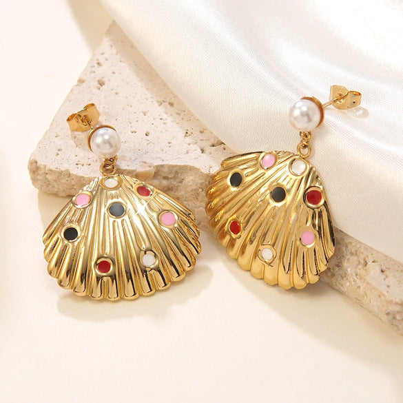 Wholesale Women's Stainless Steel Geometric Stamped Fanshaped Oil Drop Earrings