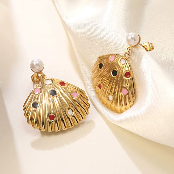 Wholesale Women's Stainless Steel Geometric Stamped Fanshaped Oil Drop Earrings
