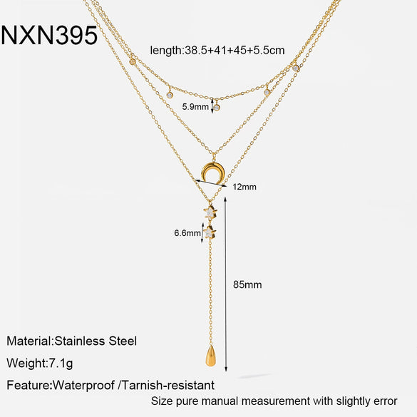 Wholesale Women's Stainless Steel Geometric Star And Moon Zircon Pendant Tassel Threelayer Necklace With Oshaped Chain And Pvd Furnace Vacuum Real Gold Plating