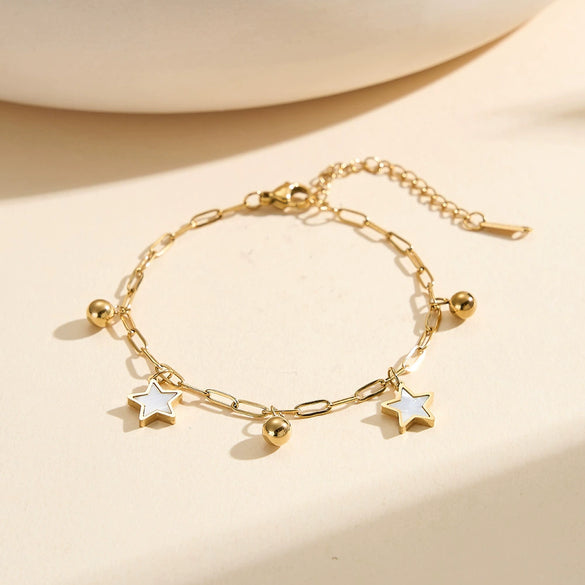 Wholesale Women's Stainless Steel Geometric Star And Small Bead Design Vacuum Electroplated Anklet