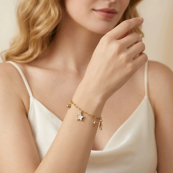 Wholesale Women's Stainless Steel Geometric Star And Small Bead Design Vacuum Electroplated Anklet