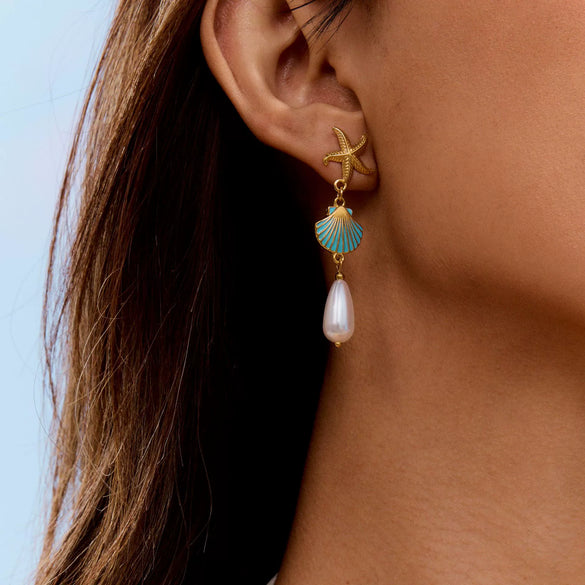 Wholesale Women's Stainless Steel Geometric Starfish Earrings With Blue Oil Drop Shell Pearl And Electroplating Design