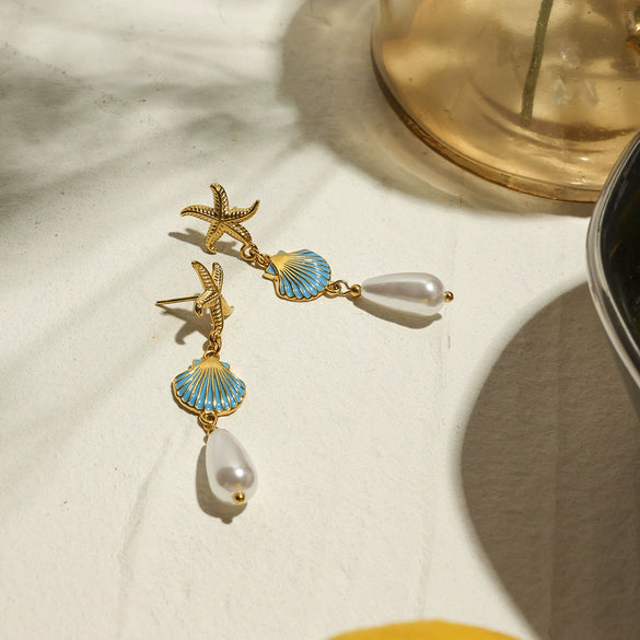 Wholesale Women's Stainless Steel Geometric Starfish Earrings With Blue Oil Drop Shell Pearl And Electroplating Design