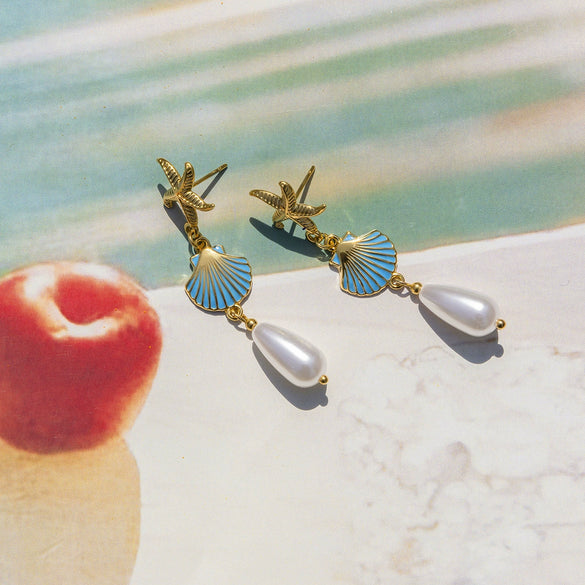 Wholesale Women's Stainless Steel Geometric Starfish Earrings With Blue Oil Drop Shell Pearl And Electroplating Design