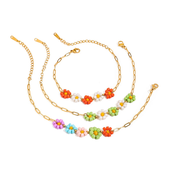 Wholesale Women's Stainless Steel Geometric Style Electroplated Flower Rice Beads Bracelet