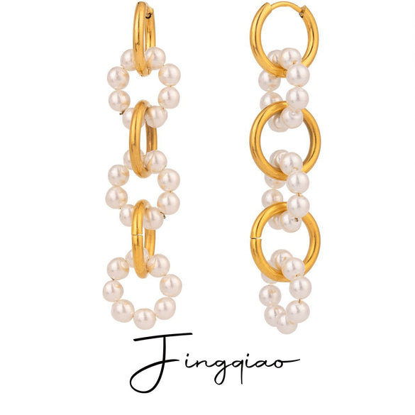 Wholesale Women's Stainless Steel Geometric Style Electroplated Pearl Ring Buckle Earrings
