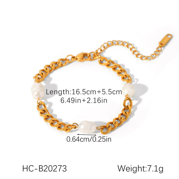 Wholesale Women's Stainless Steel Geometric Style 18K Goldplated Electroplated Freshwater Pearl Bracelet