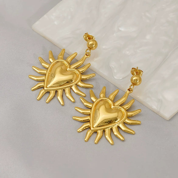 Wholesale Women's Stainless Steel Geometric Sunflower Design Water Plated Earrings Jewelry