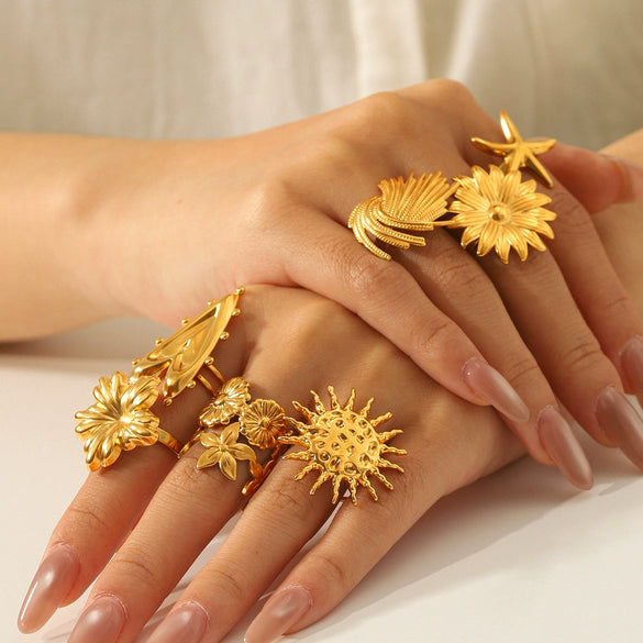Wholesale Women's Stainless Steel Geometric Sunflower Open Ring With Electroplating