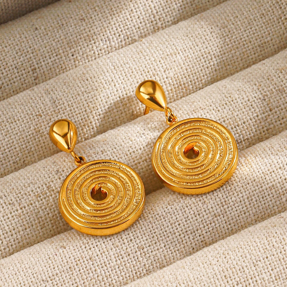 Wholesale Women's Stainless Steel Geometric Thread Round Earrings 18K Gold Plated