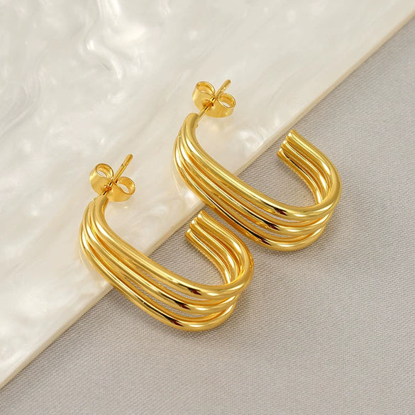 Wholesale Women's Stainless Steel Geometric Three Layer Electroplated Fashion Earrings
