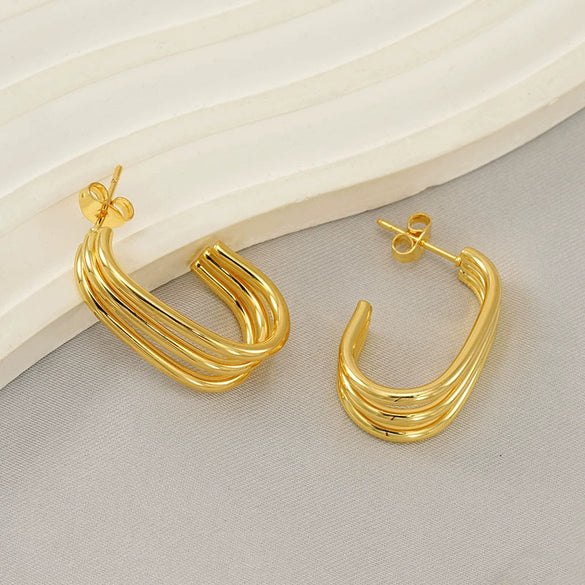 Wholesale Women's Stainless Steel Geometric Three Layer Electroplated Fashion Earrings