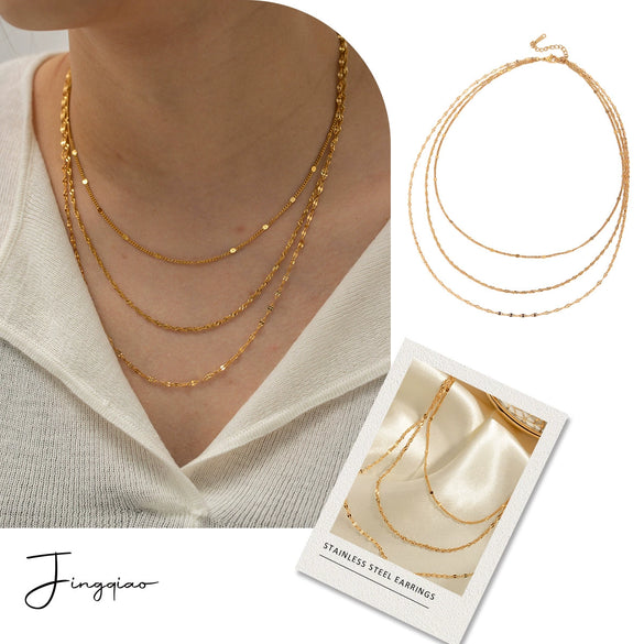 Wholesale Women's Stainless Steel Geometric Three Layer Necklace With Vacuum Plated 18K Gold And Melon Seed Chain