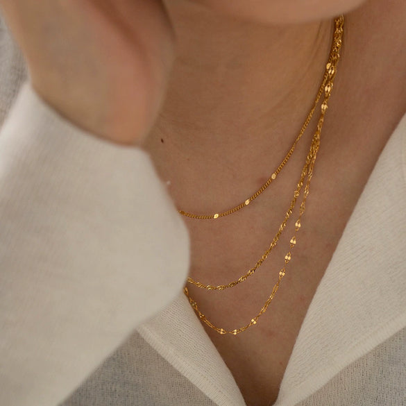 Wholesale Women's Stainless Steel Geometric Three Layer Necklace With Vacuum Plated 18K Gold And Melon Seed Chain