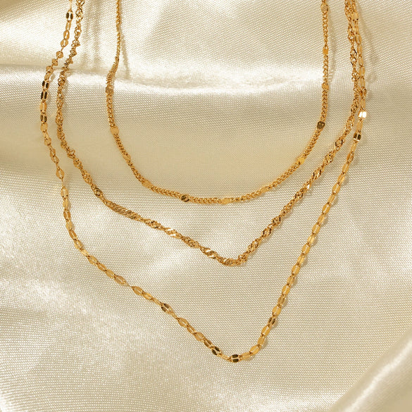 Wholesale Women's Stainless Steel Geometric Three Layer Necklace With Vacuum Plated 18K Gold And Melon Seed Chain