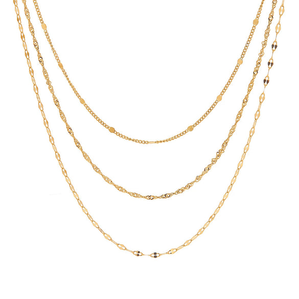 Wholesale Women's Stainless Steel Geometric Three Layer Necklace With Vacuum Plated 18K Gold And Melon Seed Chain