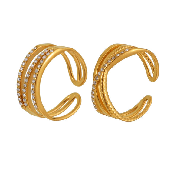 Wholesale Women's 316L Stainless Steel Geometric Three Layer Opening Adjustable Ring With 18K Real Gold Vacuum Plating And 5A Zircon