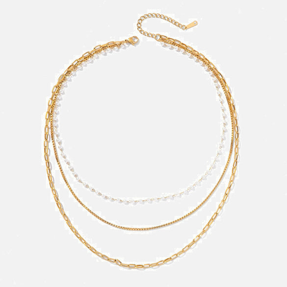 Wholesale Women's Stainless Steel Geometric Three Layer Pearl Chain Necklace With Electroplating French Classic Style