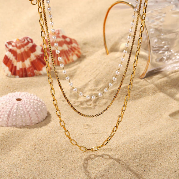 Wholesale Women's Stainless Steel Geometric Three Layer Pearl Chain Necklace With Electroplating French Classic Style