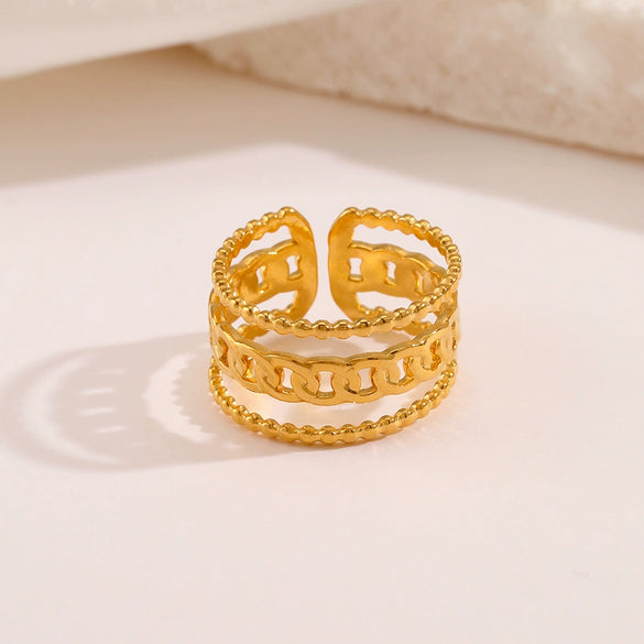 Wholesale Women's Stainless Steel Geometric Three Layer Ring With Real Gold Plating Jewelry